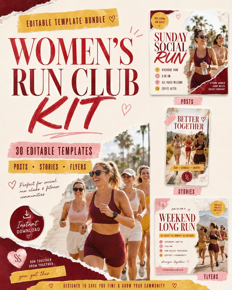 Pode incluir: Um pacote de modelos digitais para um clube de corrida com detalhes em papel rasgado vermelho e creme. O texto diz Run Club Kit, Sunday Social Run, Better Together e Weekend Long Run. Inclui layouts para posts, stories e folhetos de redes sociais.