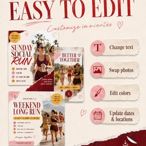 Pode incluir: Um modelo digital para redes sociais com o texto EASY TO EDIT e Customize in minutes. Exibe tr&ecirc;s folhetos de eventos de corrida com fotos de corredores, ao lado de &iacute;cones para alterar texto, trocar fotos, editar cores e atualizar datas e locais.