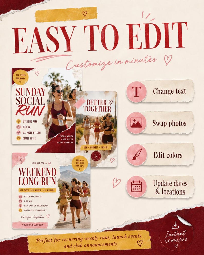 Pode incluir: Um modelo digital para redes sociais com o texto EASY TO EDIT e Customize in minutes. Exibe tr&ecirc;s folhetos de eventos de corrida com fotos de corredores, ao lado de &iacute;cones para alterar texto, trocar fotos, editar cores e atualizar datas e locais.