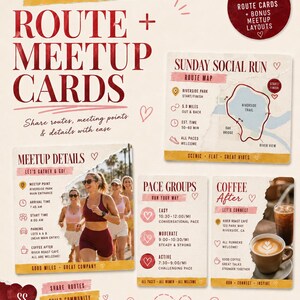 Pode incluir: Um pacote de modelos edit&aacute;veis para cart&otilde;es de rota e encontro, incluindo um mapa de corrida social de domingo, detalhes de encontro com foto, grupos de ritmo e informa&ccedil;&otilde;es sobre caf&eacute;. O design utiliza um fundo creme com texto em vermelho escuro.
