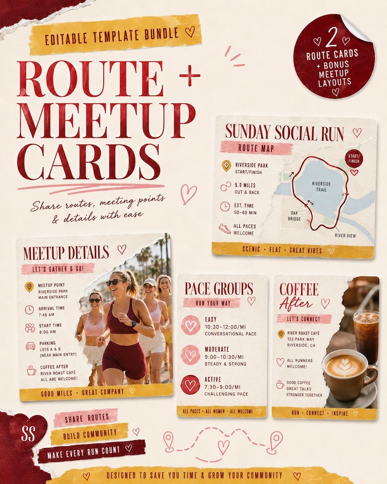 Pode incluir: Um pacote de modelos edit&aacute;veis para cart&otilde;es de rota e encontro, incluindo um mapa de corrida social de domingo, detalhes de encontro com foto, grupos de ritmo e informa&ccedil;&otilde;es sobre caf&eacute;. O design utiliza um fundo creme com texto em vermelho escuro.
