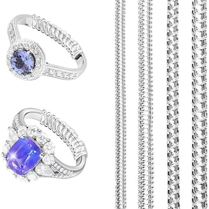 Puede incluir: Dos anillos de tono plateado con piedras centrales moradas rodeadas de piedras transparentes, cada uno con un ajustador de tamaño de plástico en espiral en la banda, junto a cuatro cadenas de metal plateado verticales.