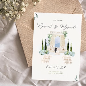 Pode incluir: Um cartão retangular branco de save the date com uma ilustração em aguarela de uma cerimónia de casamento num arco de pedra. O texto diz Raquel & Miguel, Save the Date, 20.02.27 e 123 Anywhere St., Any City, ST 12345. O cartão está sobre um envelope bege texturado.
