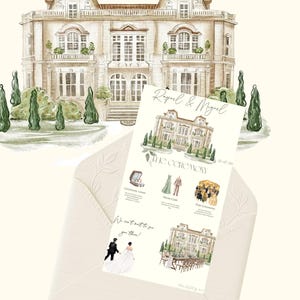 Pode incluir: Um envelope cor de creme contendo um convite de casamento com uma ilustração em aguarela de uma grande propriedade, o texto Raquel & Miguel, The Ceremony, e vários detalhes incluindo ícones de anéis, vestuário e uma mesa posta.