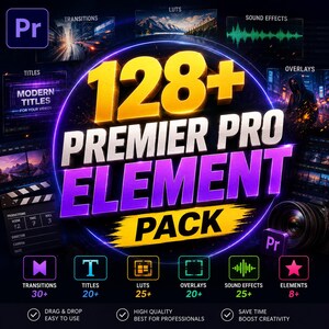 Peut inclure: Un graphique numérique pour un pack d'éléments 128+ Premier Pro avec du texte en gras jaune et violet. Le design inclut des icônes pour les transitions, titres, luts, superpositions, effets sonores et éléments, avec le logo Adobe Premiere Pro.
