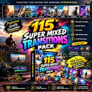 May include: A digital product box labeled 115 Super Mixed Transitions Pack featuring colorful graphic overlays, video editing software icons, and text including Transform Your Footage Into Something Extraordinary and Professional Quality Transitions.