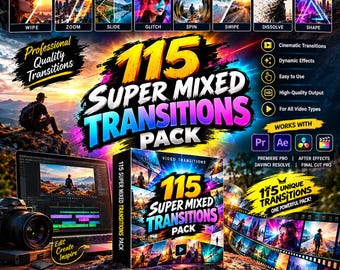 Pakiet 115 Super Mixed Transitions | Pakiet Premium Video Transitions do płynnego montażu, filmów krótkometrażowych, szpul i efektów kinowych