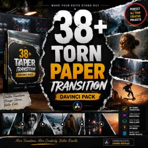 May include: A digital product advertisement for a 38+ Torn Paper Transition Davinci Pack. The graphic features bold white and yellow text on a black background with torn paper edges, showcasing various photographic examples and technical icons.