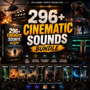 Könnte beinhalten: Ein digitales Produktpaket mit dem Titel 296+ Cinematic Sounds Bundle, das Text, einen Hubschrauber, einen Dinosaurier, ein Auto und ein Mikrofon enthält. Die Grafik zeigt Kategorien wie Ambiances, Explosions, Action, Impacts, Footsteps, Vehicles, Weapons, Nature, Whooshes und Voices mit Symbolen für Softwarekompatibilität.