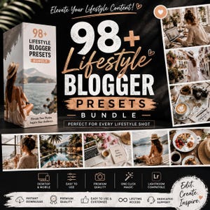 May include: A digital product bundle titled 98+ Lifestyle Blogger Presets Bundle featuring a collection of photography editing filters. The graphic includes multiple sample lifestyle photos, icons for desktop and mobile use, and text.