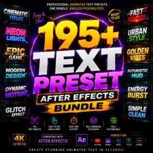 May include: A digital graphic for a 195+ text preset bundle for After Effects. The central text reads 195+ TEXT PRESET AFTER EFFECTS BUNDLE in large yellow and white letters. Surrounding it are smaller boxes with labels like Cinematic Titles, Neon Lights, and Glitch Effect.
