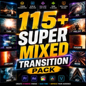 May include: A digital product graphic titled 115+ SUPER MIXED TRANSITION PACK featuring large yellow and white text. The layout includes ten smaller preview windows showing various video effects like zoom, flash, glitch, light leak, smoke, spin, pixel sort, film burn, motion, and split, with software icons at the bottom.