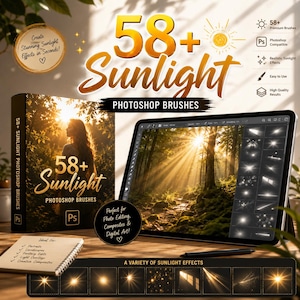 Peut inclure: Un ensemble de produits numériques comprenant plus de 58 pinceaux Photoshop lumière du soleil, affiché sur une tablette montrant une forêt avec des rayons lumineux, une boîte de produit, un carnet et un panneau présentant divers effets.