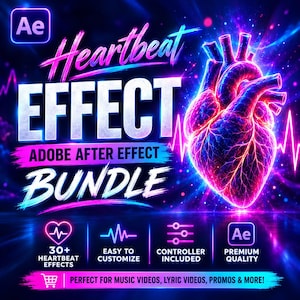 Może przedstawiać: Cyfrowa grafika do pakietu Adobe After Effects przedstawiająca świecące neonowe serce anatomiczne w odcieniach różu, fioletu i błękitu. Tekst brzmi Heartbeat EFFECT ADOBE AFTER EFFECT BUNDLE, 30+ HEARTBEAT EFFECTS, EASY TO CUSTOMIZE, CONTROLLER INCLUDED, PREMIUM QUALITY.
