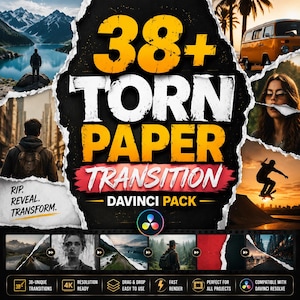 May include: A digital asset pack titled 38+ TORN PAPER TRANSITION DAVINCI PACK featuring a black background with torn paper edges revealing various photographic scenes including landscapes, a van, and a person skateboarding at sunset.
