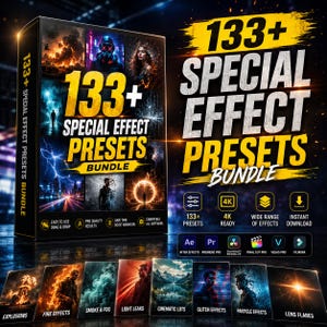 May include: A digital product box labeled 133+ Special Effect Presets Bundle featuring various cinematic imagery like explosions, lightning, and light leaks. The box displays software compatibility icons and lists features like 4K ready and instant download.