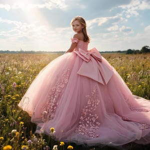 May include: A floor-length, off-the-shoulder ball gown in light pink, featuring a corset-style bodice with lace-up back, a voluminous tulle skirt with floral lace appliqués, and a large, structured bow at the waist, worn with a small tiara.