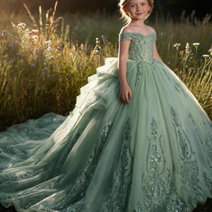 May include: A sage green floor-length ball gown featuring an off-the-shoulder neckline, a fitted bodice with intricate beadwork, and a voluminous tulle skirt adorned with matching sequined embroidery and a long train, paired with a small tiara.