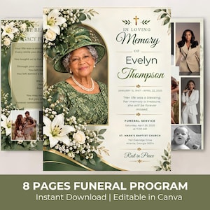 Può includere: Un modello di programma funebre di 8 pagine con il ritratto di una persona anziana con cappello e abito verde, decorato con gigli bianchi e fogliame. Il testo recita In Loving Memory of Evelyn Thompson, con i dettagli del servizio e foto.
