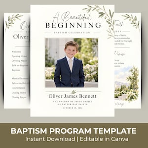 Op de afbeelding: Een doopprogramma-sjabloon met een centrale foto van een kind in een marineblauw pak met stropdas. De tekst luidt A Beautiful Beginning, Baptism Celebration, Oliver James Bennett, The Church of Jesus Christ of Latter-day Saints, 18 oktober 2026.