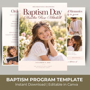 May include: A baptism program template featuring a portrait of a smiling child in a white dress. The text reads Baptism Day, Amelia Rose Mitchell, November 8, 2026, and The Church of Jesus Christ of Latter-day Saints, with additional photo panels.