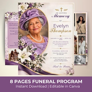May include: An 8-page funeral program template featuring a portrait of an older person in a purple hat and dress, adorned with white lilies. The text includes In Loving Memory of Evelyn Thompson, dates, and service details in purple and gold.