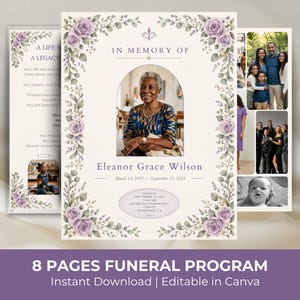 May include: An eight-page funeral program template featuring a cream background with purple rose and eucalyptus leaf borders. The cover displays a central arched photo of an older woman, the name Eleanor Grace Wilson, and service details.