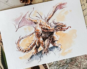 A5-fantasieprint gouden draak | Aquarel middeleeuwse illustratie | Mythisch kunstdecor