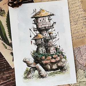 Whimsical Turtle House Illustration | Fantasy Art Print | Watercolor Magical Creature Wall Art | Enchanted Home Decor