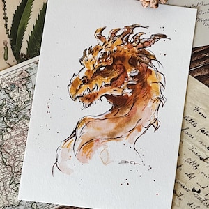 A5 Fire Dragon Print | Watercolor Fantasy Illustration | Mythical Wall Art