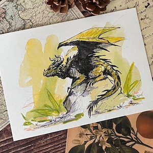 A5 Dragon Fantasy Print | Watercolor Medieval Illustration | Mythical Wall Art Decor