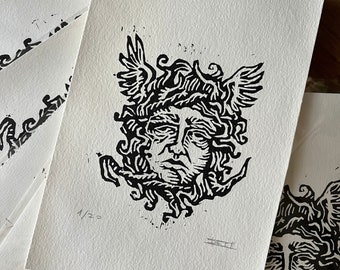 MEDUSA - edición limitada, grabado en linoleo, arte tradicional, hecho a mano, mitología, medieval, antiguo