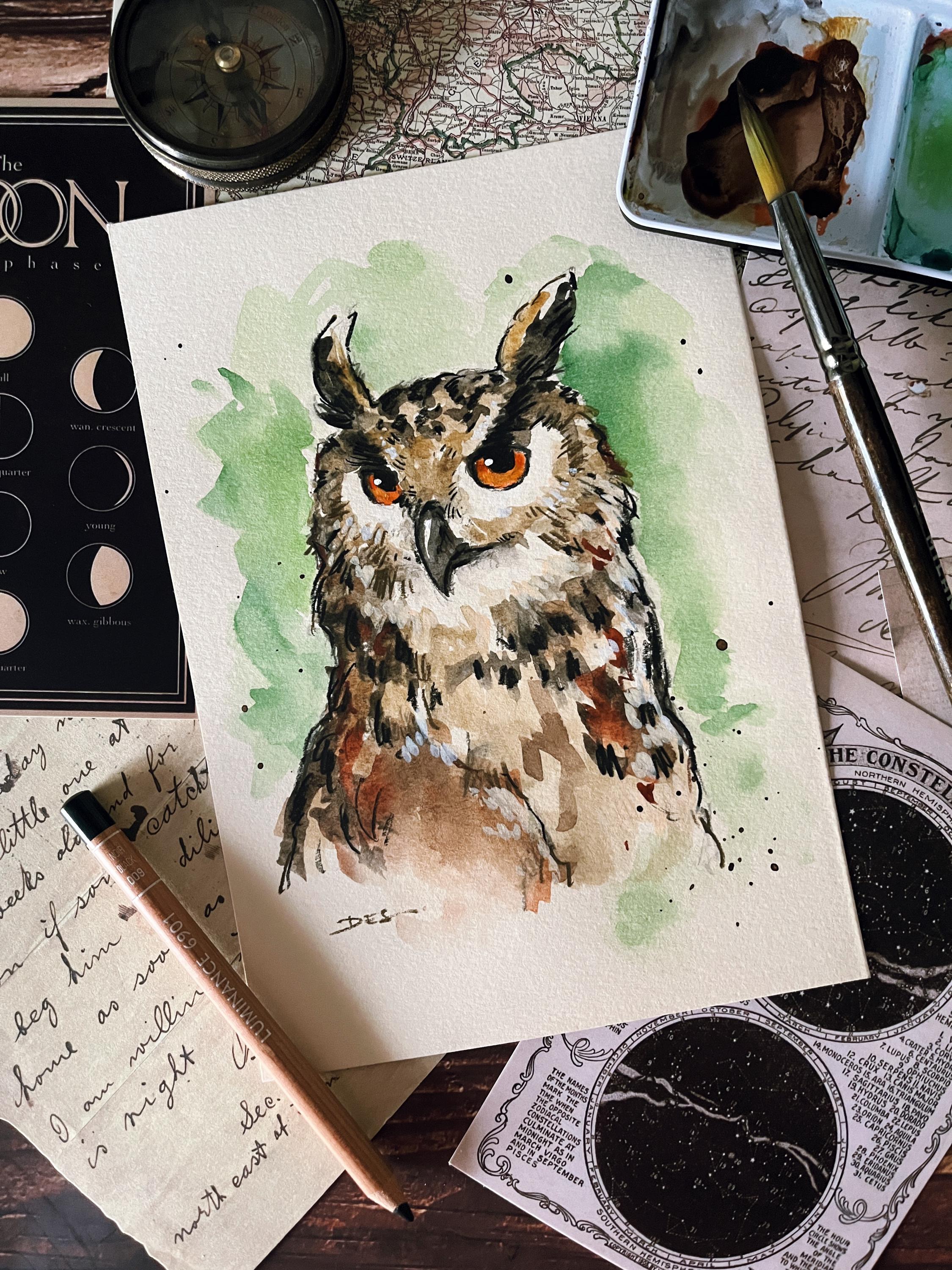 EAGLE OWL Original Watercolor | Handmade Bird Illustration A5 Size | Traditional Ornithological Art