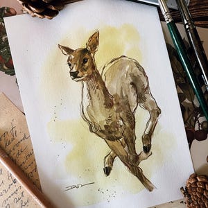 ACQUERELLO ORIGINALE DI CERVO, arte tradizionale, natura, fauna selvatica, arredamento per la casa, animali, naturalismo, biologia, scienza, fatto a mano