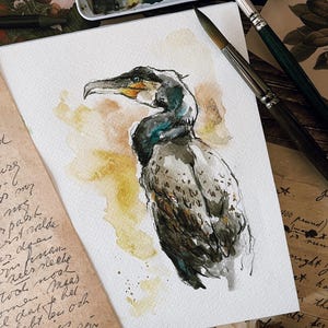 CORMORANT ACQUERELLO ORIGINALE, arte tradizionale, natura, uccelli, fauna selvatica, arredamento per la casa, animali, naturalismo, biologia, scienza, fatto a mano