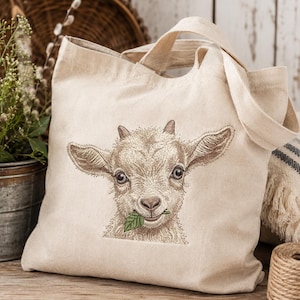 Baby Goat Embroidery Design, Cute Farm Animal Machine File, Peeking Goat Digital Download, Green Leaf Farmhouse Motif, Sweet Kid Pattern