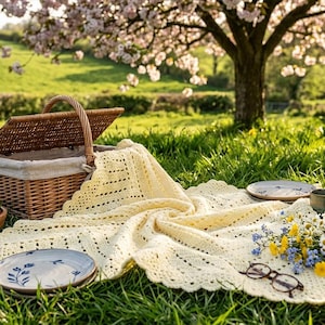 Könnte beinhalten: Eine cremefarbene gehäkelte Decke mit gewelltem Rand auf dem Gras, begleitet von einem Picknickkorb aus Weidengeflecht, einer Holzschale mit Erdbeeren, zwei Keramiktellern, einer Metallthermoskanne, zwei Tassen, einem kleinen Blumenstrauß und einer Brille.