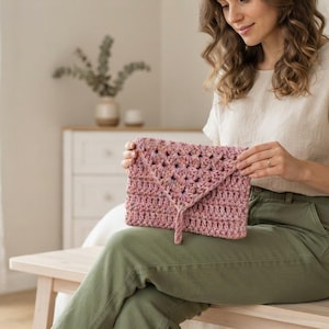 Könnte beinhalten: Eine altrosa Clutch im Umschlag-Stil aus dickem, strukturiertem Häkelgarn. Das Accessoire verfügt über einen dreieckigen Klappenverschluss mit einem zentralen vertikalen Laschendetail und zeigt ein sich wiederholendes Lochmuster.