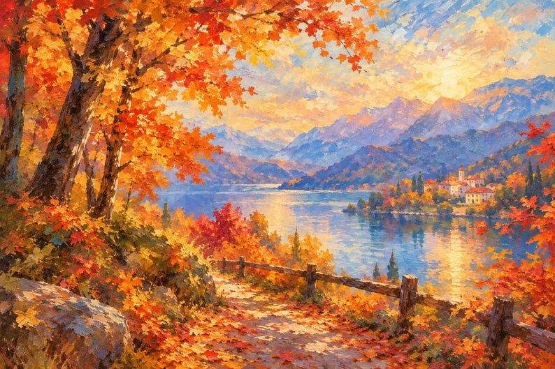 Autumn Lake Wall Art, Mountain Landscape Painting, Framed Nature Print ...