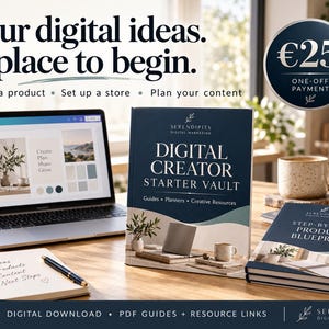 May include: A digital creator starter vault kit featuring a laptop displaying design software, a spiral notebook with handwritten notes, and two bound books titled Digital Creator Starter Vault and Step-by-Step Product Blueprint.