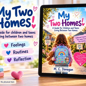 May include: A digital book titled My Two Homes! A guide for children and teens living between two homes by M. C. Donegan. The cover shows a child with a colorful backpack walking between two houses. Text includes Feelings, Routines, and Reflection.