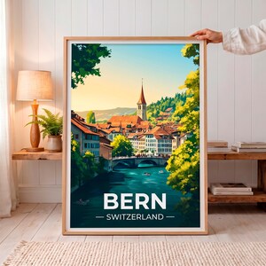Bern Schweiz reseaffisch, schweizisk stadslandskap väggkonst, vintage Europa resetryck, retro schweizisk väggdekor, Bern affisch reslustgåva