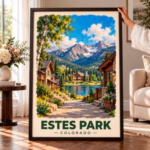 Estes Park Colorado Travel Poster, Estes Park Mountain Lake Art Print, Estes Park Vacation Souvenir