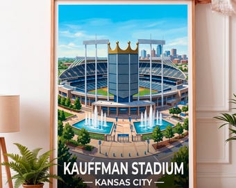 Könnte beinhalten: Ein gerahmter Kunstdruck mit einer Illustration des Kauffman Stadium in Kansas City. Das Bild zeigt das Baseballstadion mit der ikonischen kronenförmigen Anzeigetafel, blauen Sitzplätzen, Springbrunnen und der Skyline unter blauem Himmel.