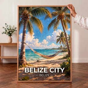 Belize Travel Poster, Belize City Wall Art, Vintage Caribbean Beach Print, Tropical Island Decor, Retro Palm Tree Hammock Coastal Art