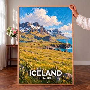 アイスランド旅行ポスター、ヴィンテージ北欧風景ウォールアート、スカンジナビア装飾ワイルドフラワープリント、レトロなヨーロッパ旅の思い出ギフト