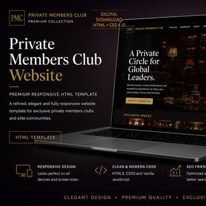 Plantilla web para club privado / Diseño responsivo de lujo / Descarga digital / CSS JavaScript