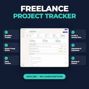Könnte beinhalten: Ein digitales Dashboard zur Verwaltung von Freelance-Projekten mit Bereichen für Revisionsverfolgung, Warnungen bei Projektumfangserweiterungen, Zeiterfassung, Gewinn- und Stundensatzberechnungen sowie Zahlungs- und Exportfunktionen.
