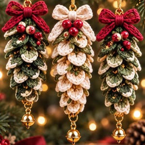 Op de afbeelding: Drie hangende ornamenten in de vorm van dennenappels, gemaakt van gehaakt garen in groen-, crème- en roodtinten. Elk ornament is voorzien van een decoratieve strik aan de bovenkant, kleine rode besjes en een goudkleurig belletje onderaan.