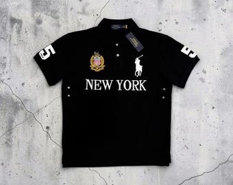 New York Polo Shirt, Black Horse Embroidery, Number 5 Sleeve, Preppy Streetwear Top